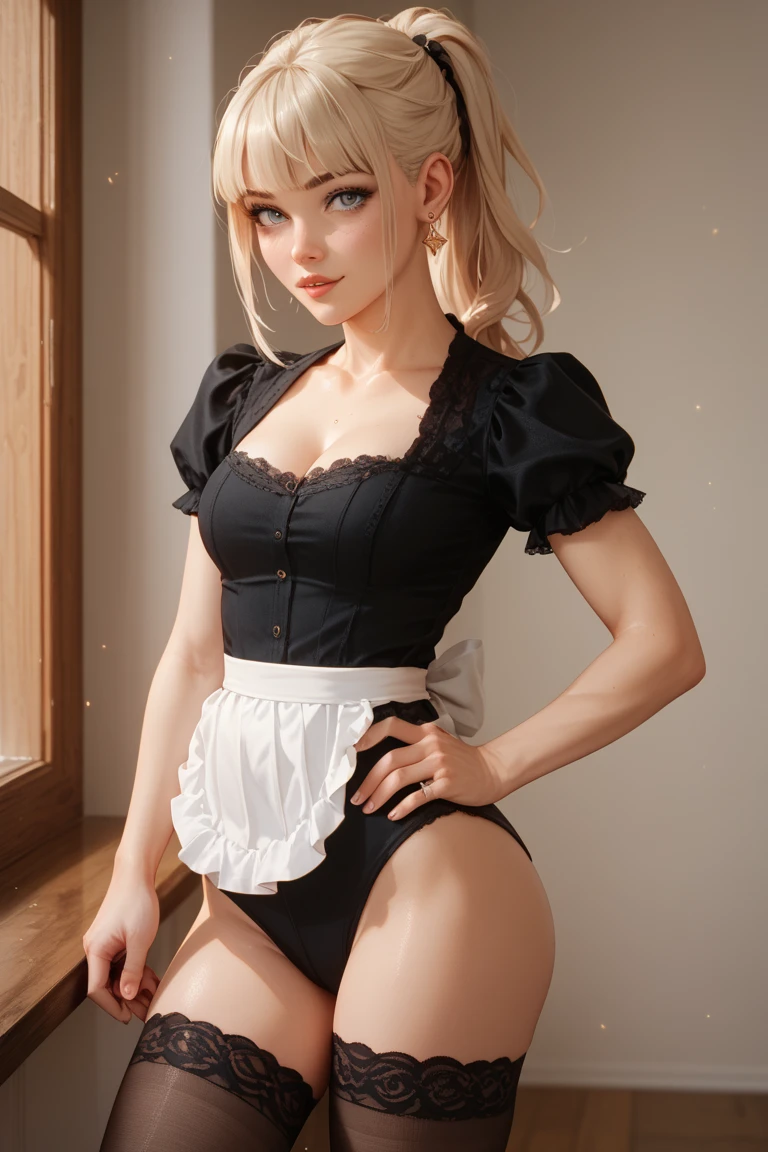 (hyperrealistic), (illustration), (high resolution), (8K), (extremely detailed), (best illustration), (beautiful detailed eyes), (best quality), (super detailed), (masterpiece), (wallpaper), (detailed face), solo, (dynamic pose), 1 girl, white wavy hair in the kitchen, korean, heterochromic eyes, small moles under the eyes, ((apron)), big breasts, long legs, tightens abs, (camel toes), (black stockings), (no panties), (no bra)