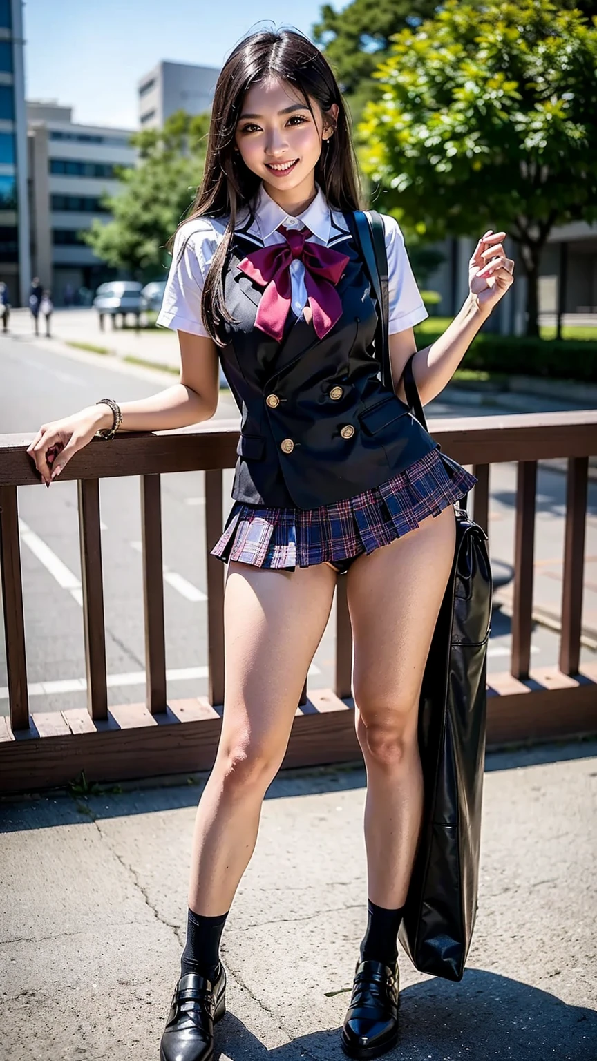 (8k,Ultra-high resolution,Highest quality,masterpiece,Realistic,Ultra-high resolution,High-quality RAW color photos,Professional photos,Realistic,Realistic),Natural skin texture,Fine skin,Hyperrealism,Intricate details,Adult women,Eye highlights.Lip gloss,Glossy Lips,(Cute smile,Short Hair,Dark blonde hair,bangs),(((gigantic breast,Big Breasts))),(Schoolgirl uniform,(White Cutter Shirt),Azure check patterned pleated mini skirt,tie),Urban area,((face focus,Staring at the audience)),(((((windy up skirt)))))