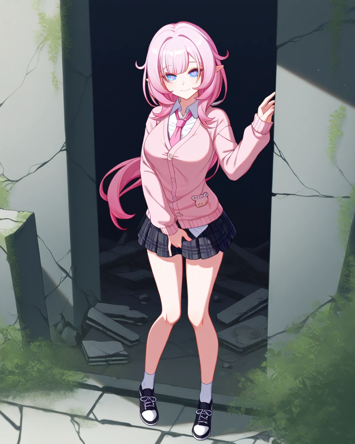 (1boy), pink hair, low twintails, messy hair, hair between eyes, grey eyes, bangs, grey oversized tshirt, long sleeves, thighhighs, socks, blushing, ((solo)), sleeves past wrists, flat chest, male focus