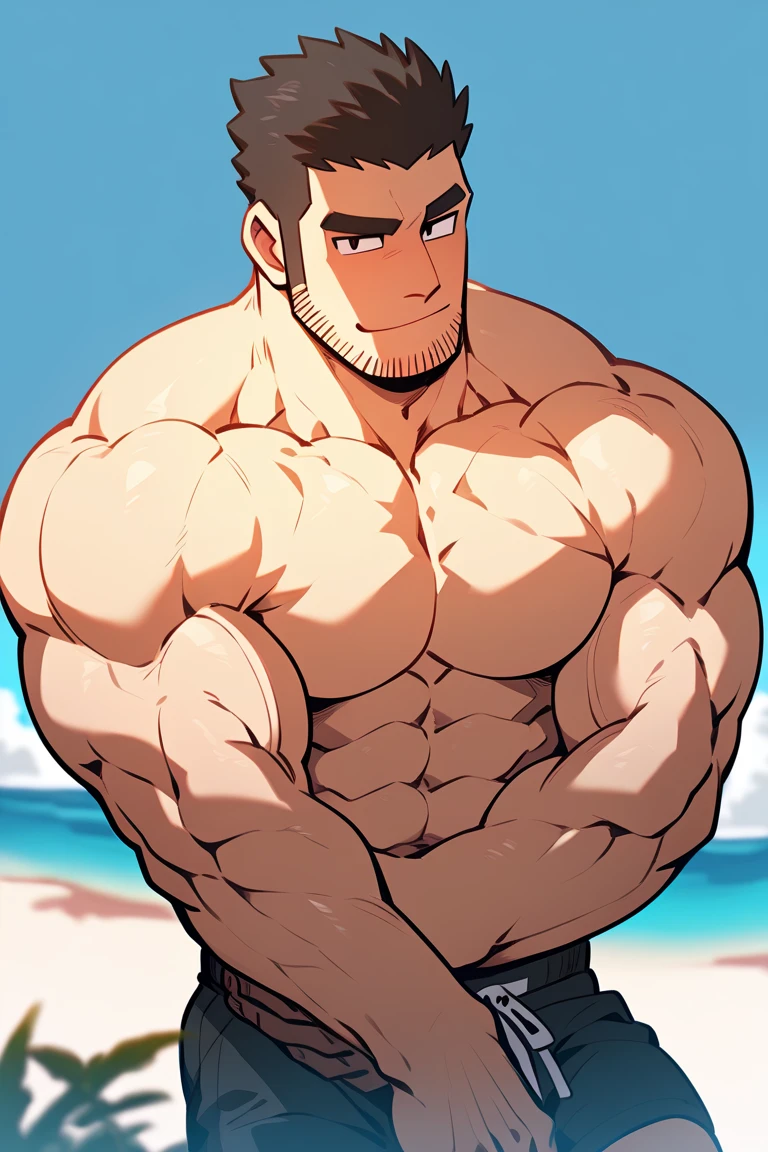 ((Anime style art)), (face detail:1.1),full body,virile face,sulking,muscular thighs,Extremely muscular male character, bodybuilder body, bulky muscles, bare chest, voluminous pecs, topless, shirtless,(wear_speedo),swim_briefs,super shiny skin, detailed eyes,dark skin,shirtless,hyper muscle, 1 man, alone, beach, sunny day, beautiful day, sea, clouds. Anime main character, Nice image, Hard drive, 4k, Main character. Main character from the anime,