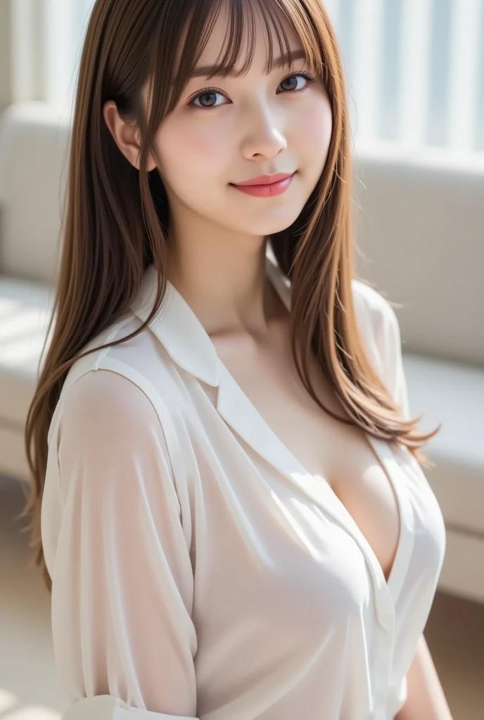 best quality ,masterpiece,ultra high res, very beautiful, kawaii, (photo realistic:1.4), 1girl, Japanese, brown hair, cleavage, Cinematic, 35mm lens, f/ 1. 8, accent lighting, 8k, nurse uniform, nurse outfit, Hospital