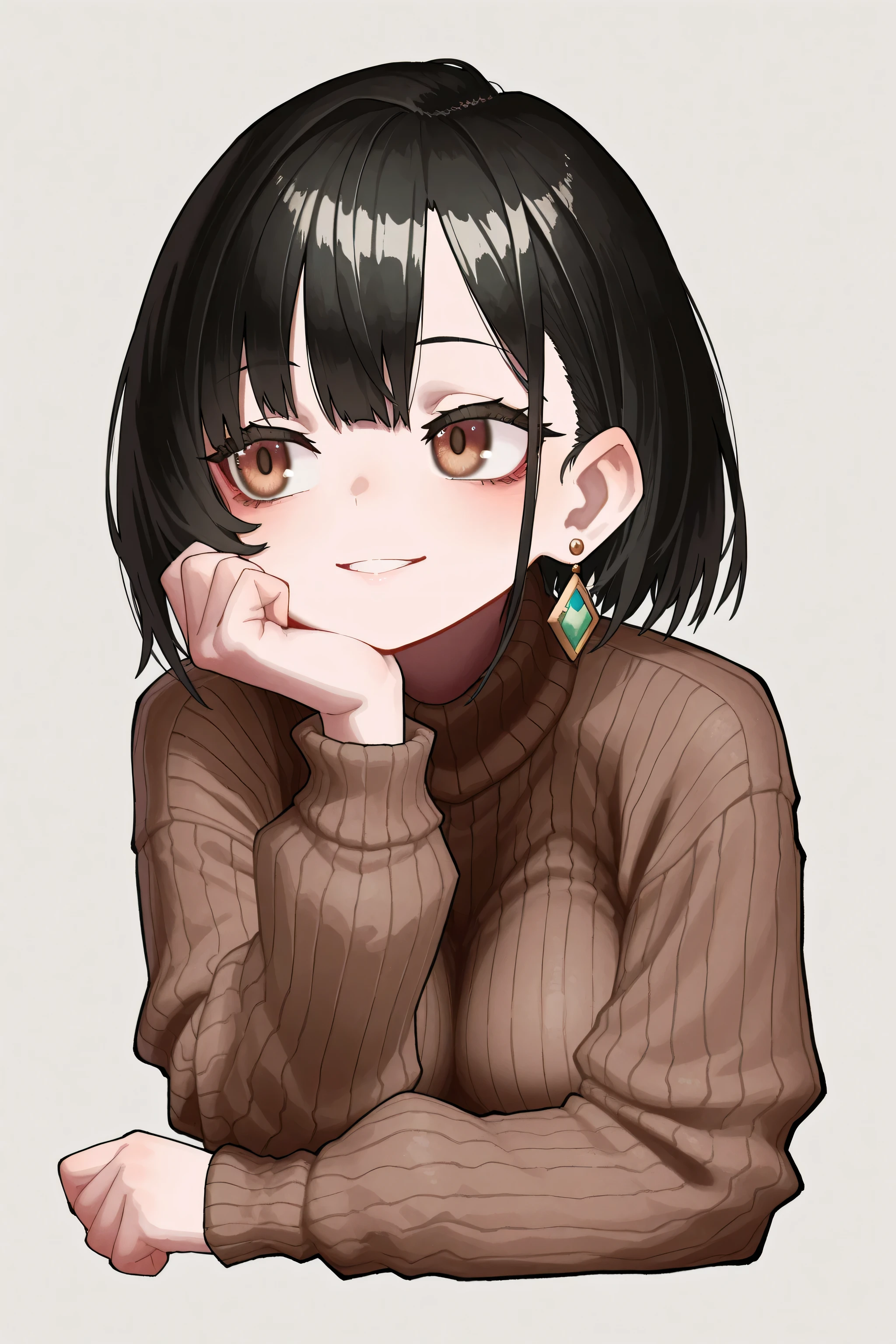kmj-anonstyle, [artist: ekrea_jan], (atahuta:0.5), masterpiece,best quality,amazing quality, 748cmstyle, solo, eye focus, 1girl, black hair, brown eyes, brown sweater, cropped torso, earrings, (look away), grey background, head rest, jewelry, long sleeves, parted lips, ribbed sweater, short hair, simple background, smile, sweater