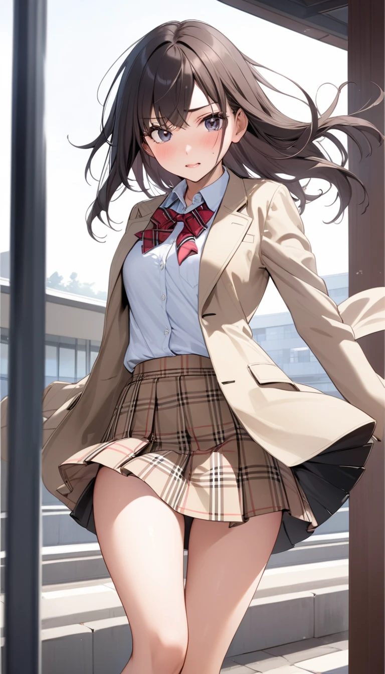 ((mesa, Best Quality, High resolution, NffSW, pixel perfect, 4k, NffSW, NffSW))), 1 girl in, single, Alone, beauty、full body seen、 ((Long shiny straight hair, hits, For the blue, with a ponytail and a red ribbon in her hair)), ((with purple eyes, Beautiful eyelashes, realistic eyes)), ((detailed face, blush:1.2)), ((Smooth texture:0.75, realistic texture:0.65, photorealistic:1.1, cg anime style)), big breasts, dynamic angle, perfect body, ((red bow tie, School uniform, black jacket, open jacket, brown cardigan, White shirt, black skirt, plaid skirts)), city staircase、Looking up from the bottom of the stairs.、Very embarrassing panic smile., turned around、bending forward、Touch the buttocks with both hands、round butt tits, perfect curves.