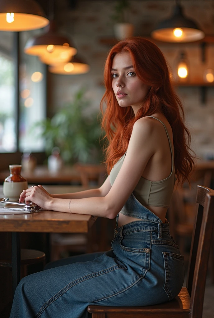 beautiful, young woman, 25 years, Red hair, sits by the table