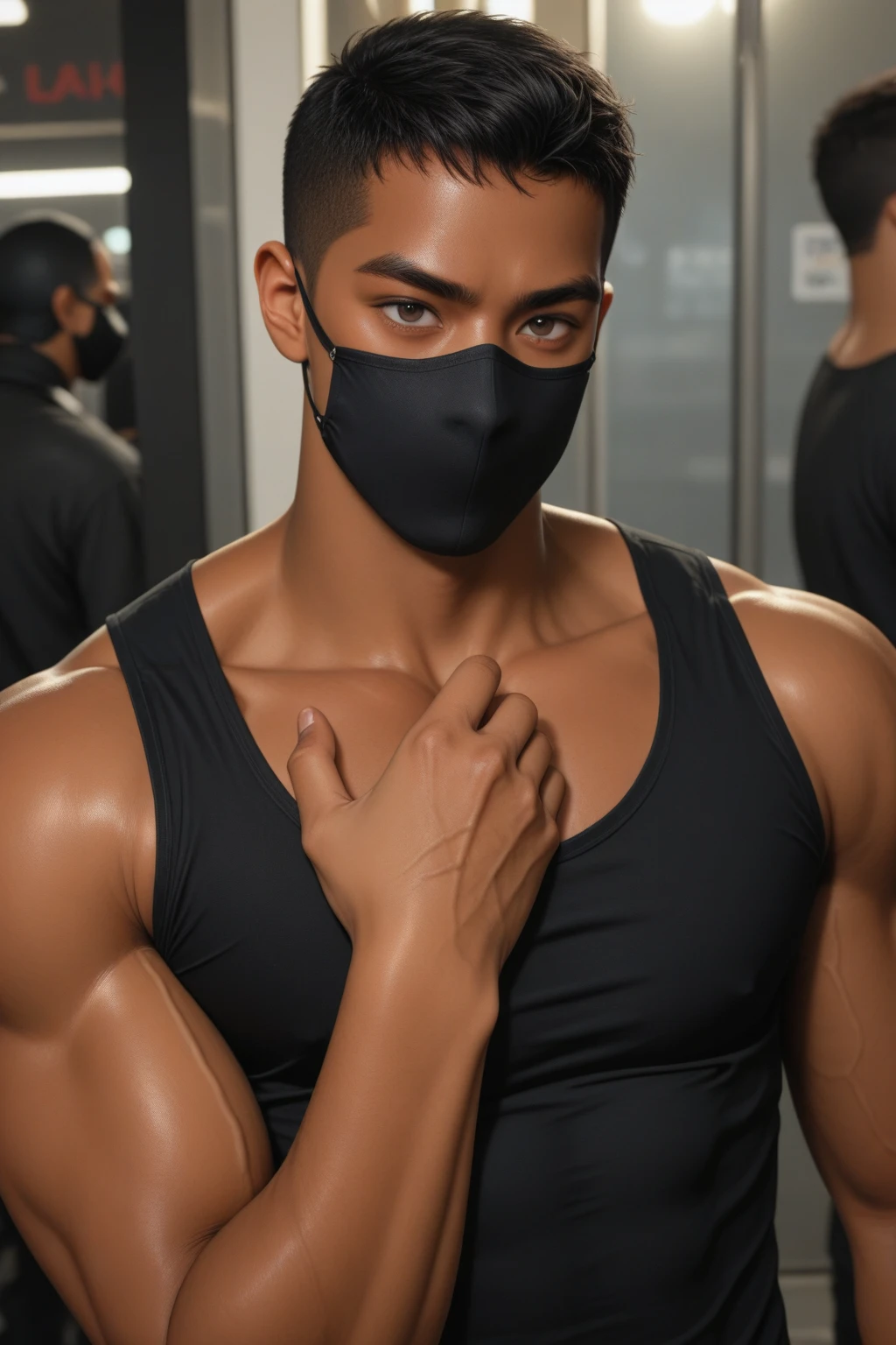 Create a very handsome Korean, beautiful, muscular, perfect body with muscles with a mask on his face without a shirt or pants, only in boxers, and his member is very noticeable. 