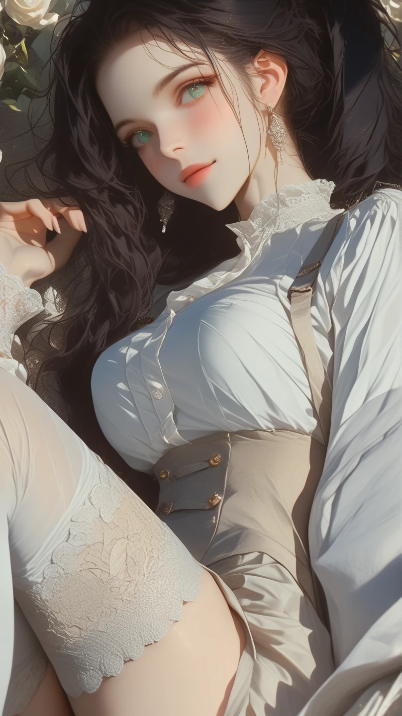 ((best quality)), ((masterpiece)), (detailed), perfect face,huge breasts:1.6, 1 woman, black long straight hair,delicate hair,See below, skin whitening, White sweater, Lie on your side