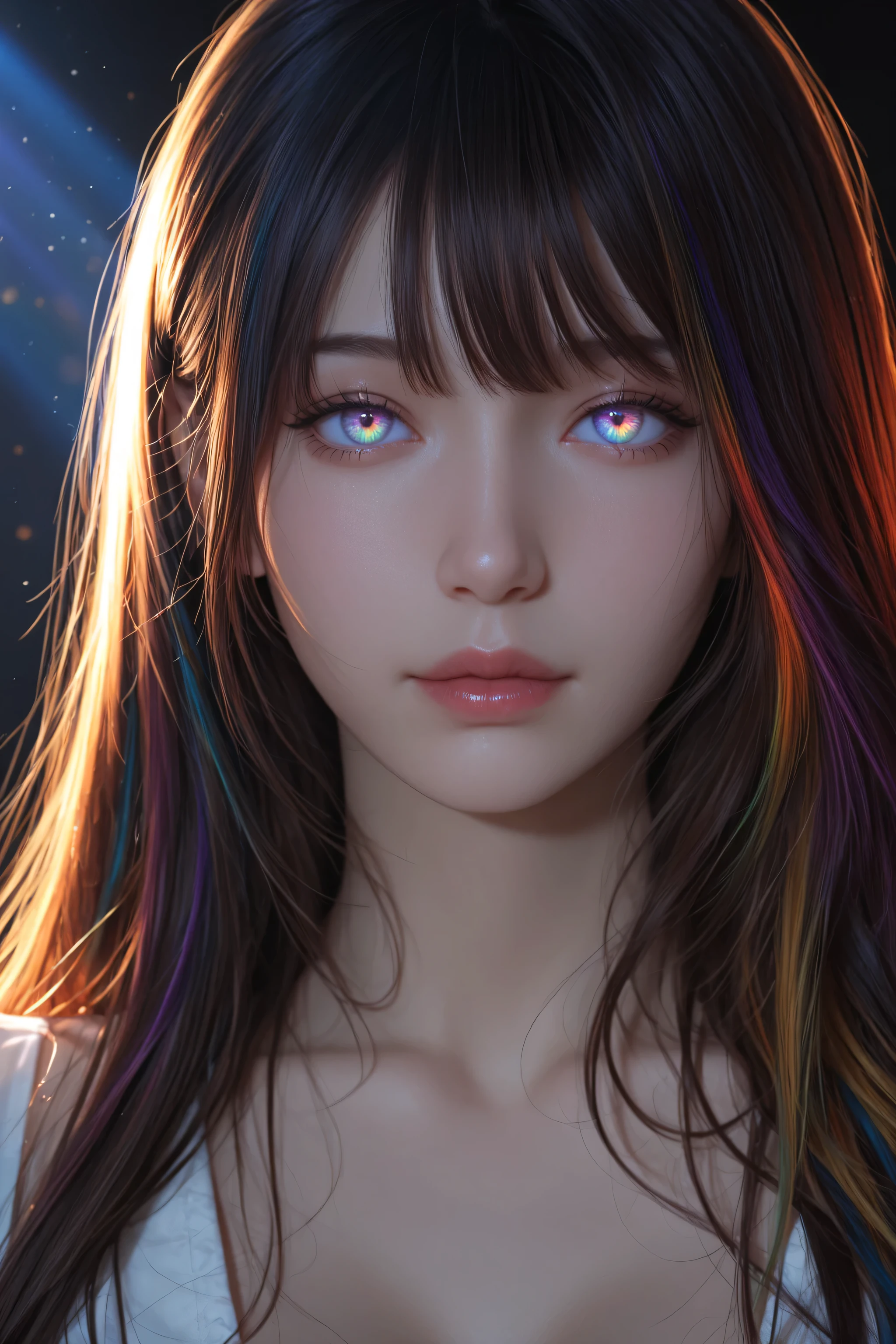 1girl with rainbow streaks across face, prism lighting through mist, glowing light reflecting in eyes, soft magical tone, (realistic, masterpiece, best quality, ultra-detailed, absurdres,very aesthetic, high res)