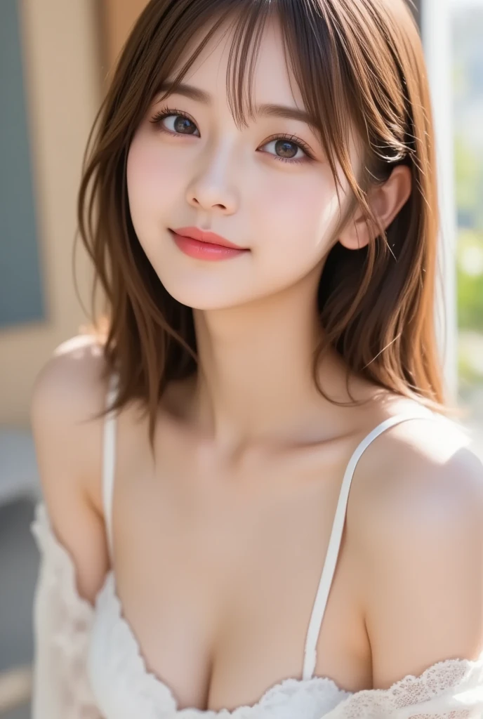 Highest quality, Ultra-high resolution, (Realistic:1.4), One Girl, High nose bridge, short hair, (Outside Bounce), drooping bangs, Flat Chest, smile, (True Face), (24-years-old:1.5), Face Focus,Bronze colored hair