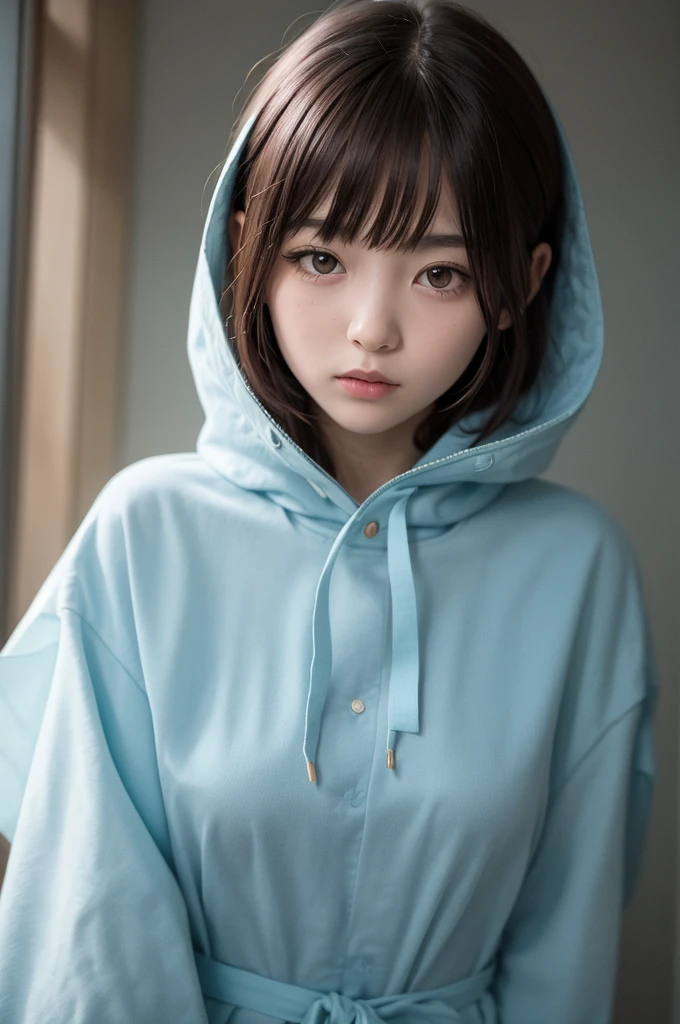 arafed asian woman in a blue raincoat standing on a bed, she is wearing a wet coat, menina na capa de chuva, vestindo manto azul, vestindo um manto azul, vestindo jaqueta azul, vestindo uma jaqueta azul, usando um capuz azul, chuvoso molhado, wearing a plastic blue dress, manto azul, tocando suas roupas, Chovendo, latex suit and raincoat