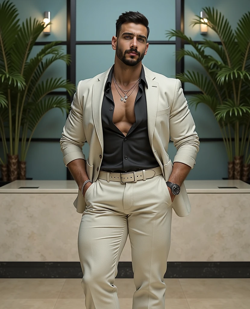 (absurdres, highres, ultra detailed, HD), 1 male, solo, ((handsome young man, male model modern clothing, Full length portrait: 1.5)), beautiful, handsome, tall muscular guy, mature, perfect eyes, sexy gaze, (looking at the viewers romantically), perfect body, smooth skin, wide chest, largest breast, extremely large pectorals, big nipples, breathtaking grandeur, gorgeous, wet, model pose, colorful, artistic, focus on his calm facial features, elegant look, sexy posture, full body view,