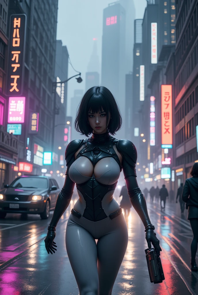 there is a woman in a black leather outfit walking down a street, wearing techwear and armor, female cyberpunk anime girl, an oppai cyberpunk, Cyberpunk girl, cyberpunk anime girl, cyberpunk femme fatale, at cyberpunk city, girl in mecha cyber armor, cyberpunk suit, cyberpunk angry gorgeous goddess, very beautiful cyberpunk samurai, seductive cyberpunk dark fantasy, cyberpunk bodysuit,Super big breasts,exposed。