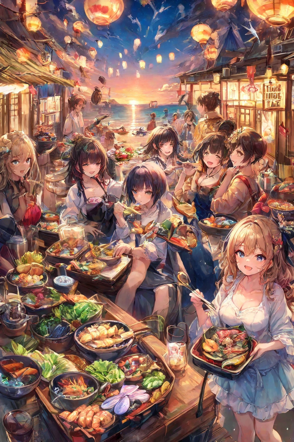 Chief、Multiple wives next to each other、Harem、liquor、food、Girl with pink hair、blue eyes