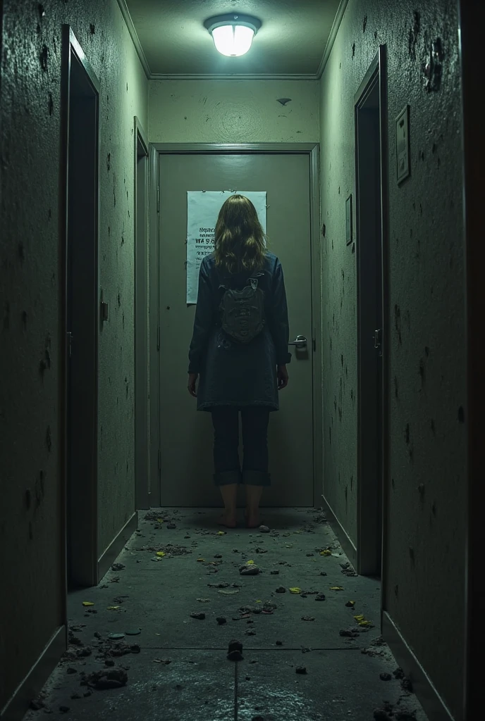 A girl, in the secret room, escape, eerie background, boneless background, terrifying picture, terrifying light, the girl's face is bloodless, there are wounded bandages on her arms, blood on the ground,