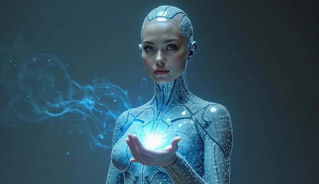 In dark space with only a few stars, breathtaking (masterpiece:1.1),(highest quality:1.1),(HDR:1),hairless woman, a woman made of silvery liquid metal holds an atom levitating between her perfect hands, ((perfect hands)), the light of the atom reflects on her metal skin, her eyes are electric blue, she has no hair, ((the woman is levitating, no ground under her feet, she stands straight)), she look at the atom, his area is serious and responsible, the atom is made up of a spherical nucleus enclosed in a large transparent glass sphere and 3 electron orbits are represented symmetrically,  the woman’s hands are parallel to each other, Longues jambes d'une beauté sublime，grosse poitrine, abdominaux légèrement dessinés