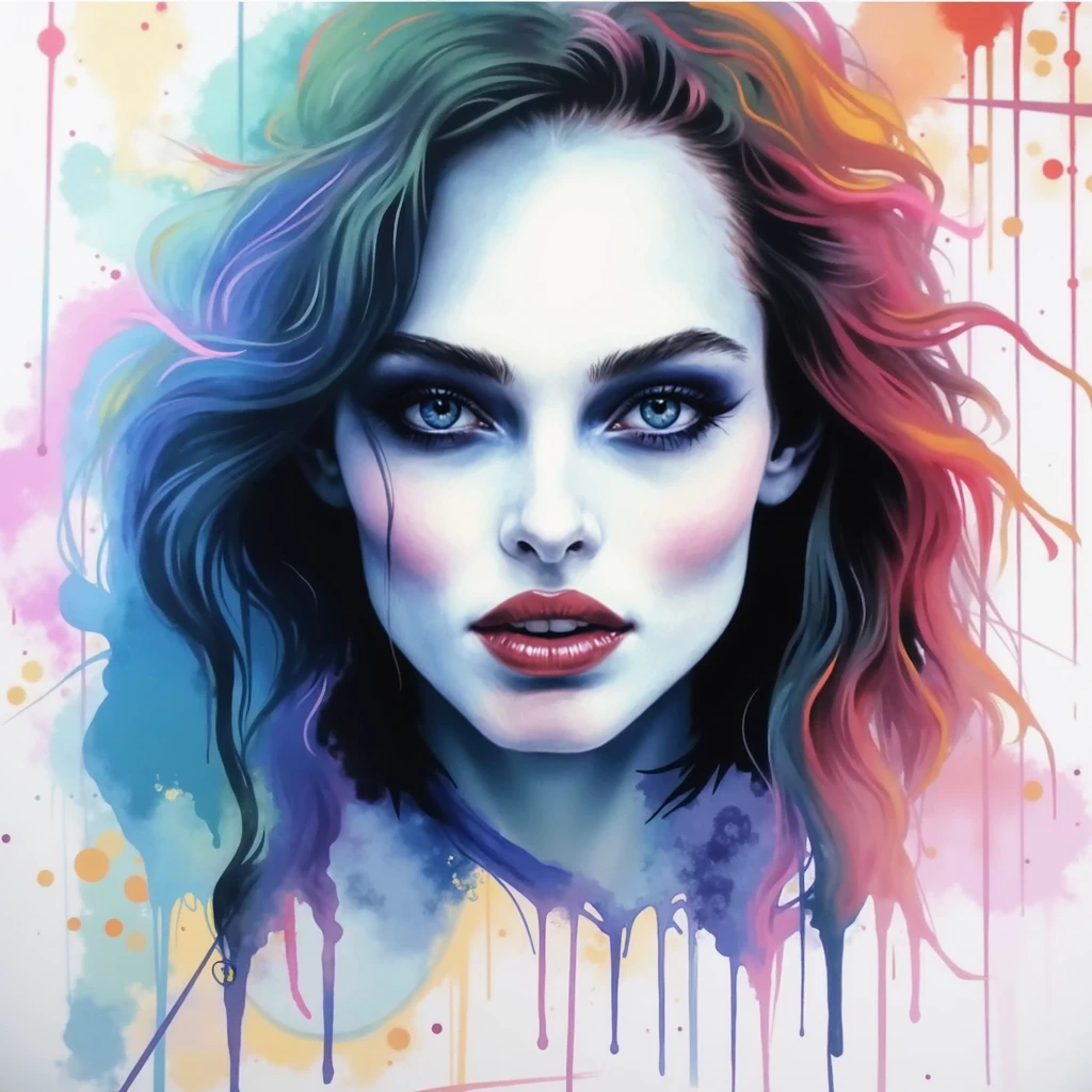 watercolor painting of a beautiful woman in a neon, High detail, portrait, light studio, colorful, high precision, strong, classic, water color ink, pink and turquoise, ultra clear