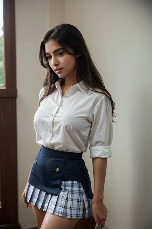Create a beautiful cute hot Indian girl wearing a skirt and full shirt perfect boobs and ass sitting on the bed