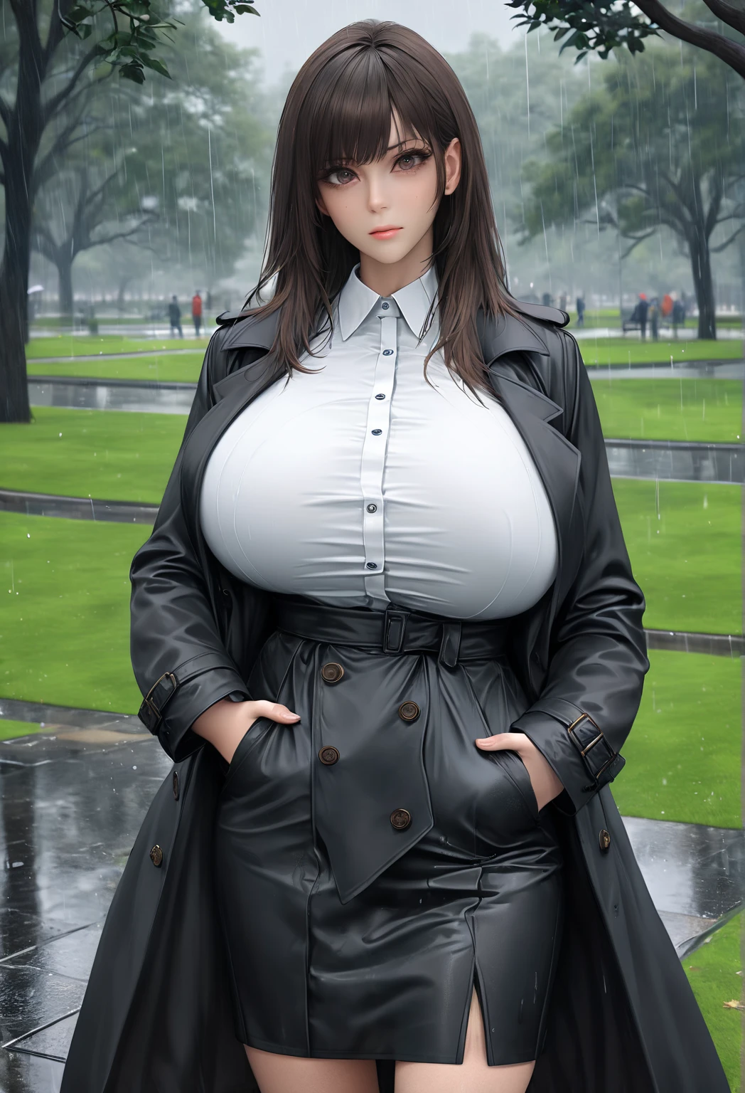 beautiful busty milf in Black Trench Coat, standing in a park, rainy day, photorealistic, masterpiece, cowboy_shot, gigantic breast, giga_busty, miniskirt