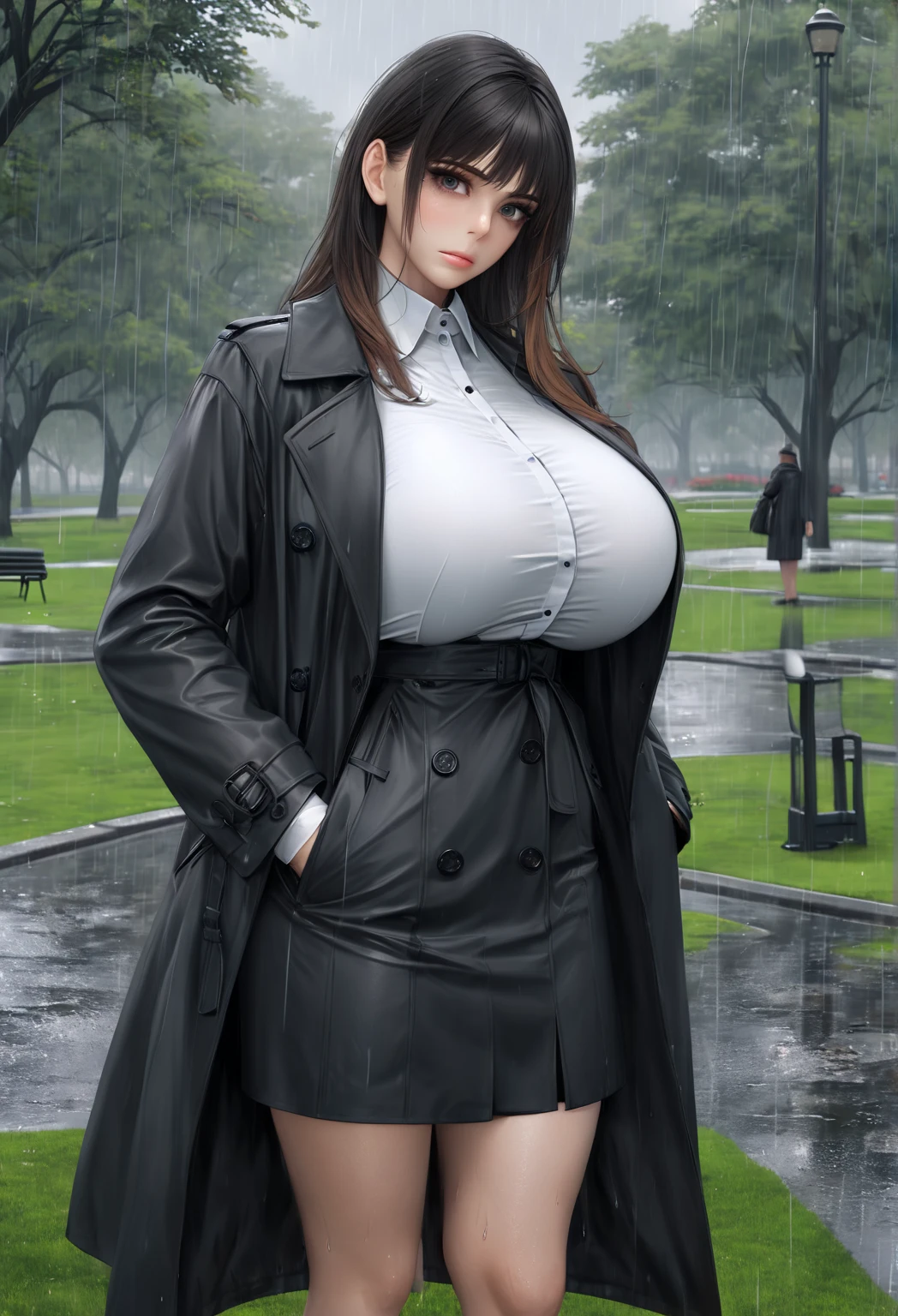 beautiful busty milf in Black Trench Coat, standing in a park, rainy day, photorealistic, masterpiece, full body shot, gigantic breast, giga_busty