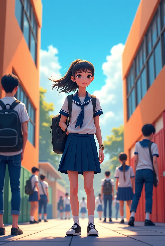 8 year old girl with a skirt at school from behind