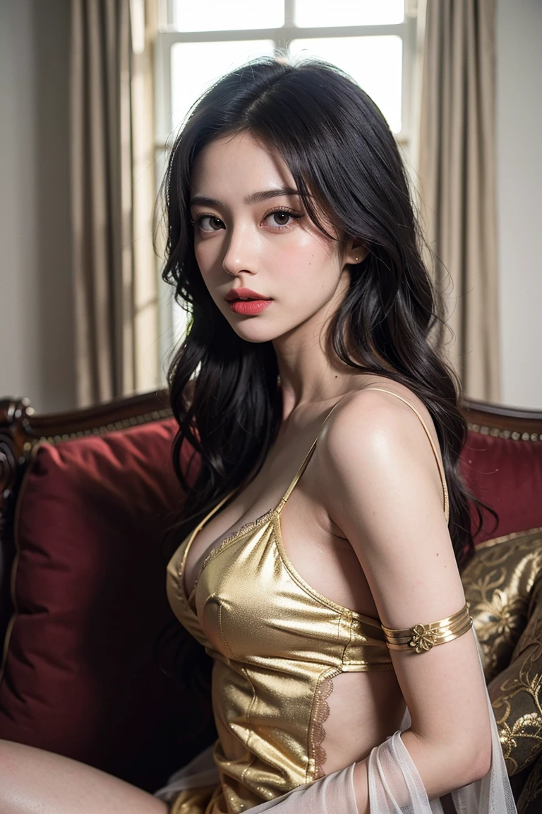 ((masterpiece)), (highest quality), ((Very detailed)), ((Cinema Lighting)), Depth of written boundary, (Dynamic Angle),Detailed lighting, Beautiful Asian girl wearing a Chinese dress, Black Hair, Dark Eyes,white skin,Big Breasts,Accentuate your bust,Sit on the sofa