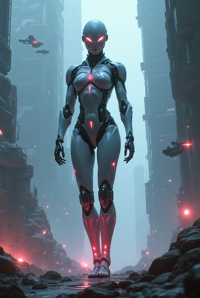 Anime Style, Giant humanoid robot, A full-body image of a slim, shark-like female super robot in black, white and pink　universe, Battleship, base,