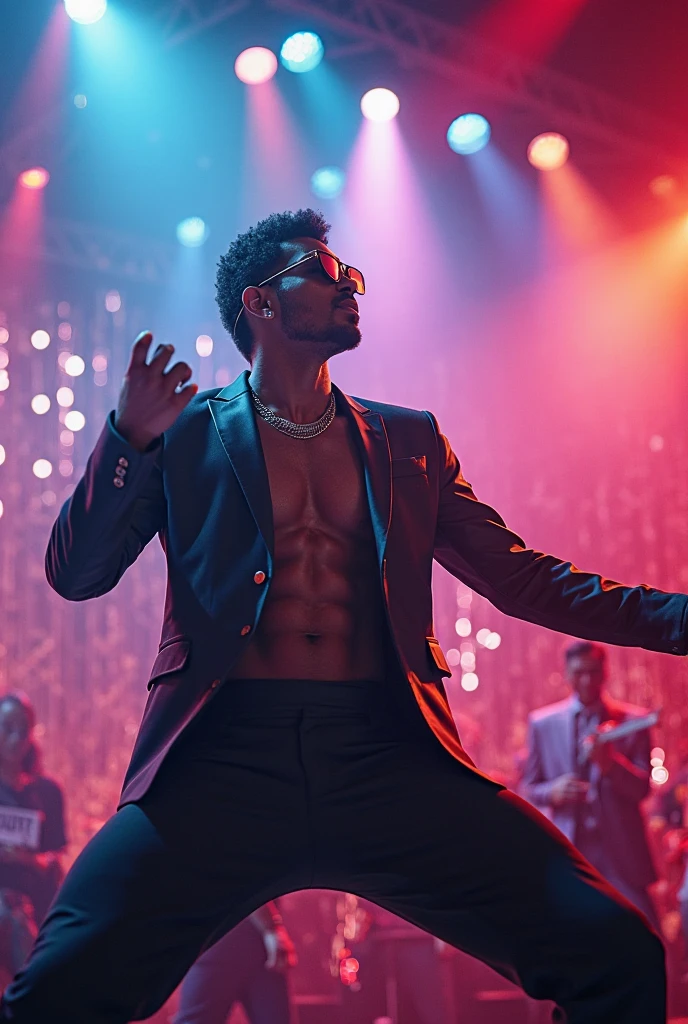 Male focused raw photo, upper body, disco, (80s, retro:1.1), dance floor, lasers, rainbow theme, a dancer man, 30 years old, sunglasses, big afro, (manly, wide jaw:1.2), dark skin, sparkly jacket, golden shirt, (vibrant colors:0.9), film grain, bokeh, fashion magazine, hdr, highly detailed photography, (muted colors, cinematic, dim colors, soothing tones:1.2), vibrant, insanely detailed, hyperdetailed, (dark shot:1.2), (vsco:0.3), (intricate details:0.9), (hdr, hyperdetailed:1.2), dancing, (smirk:0.7), disco pants, realistic, masterpiece, intricate details, detailed background, depth of field, dynamic pose