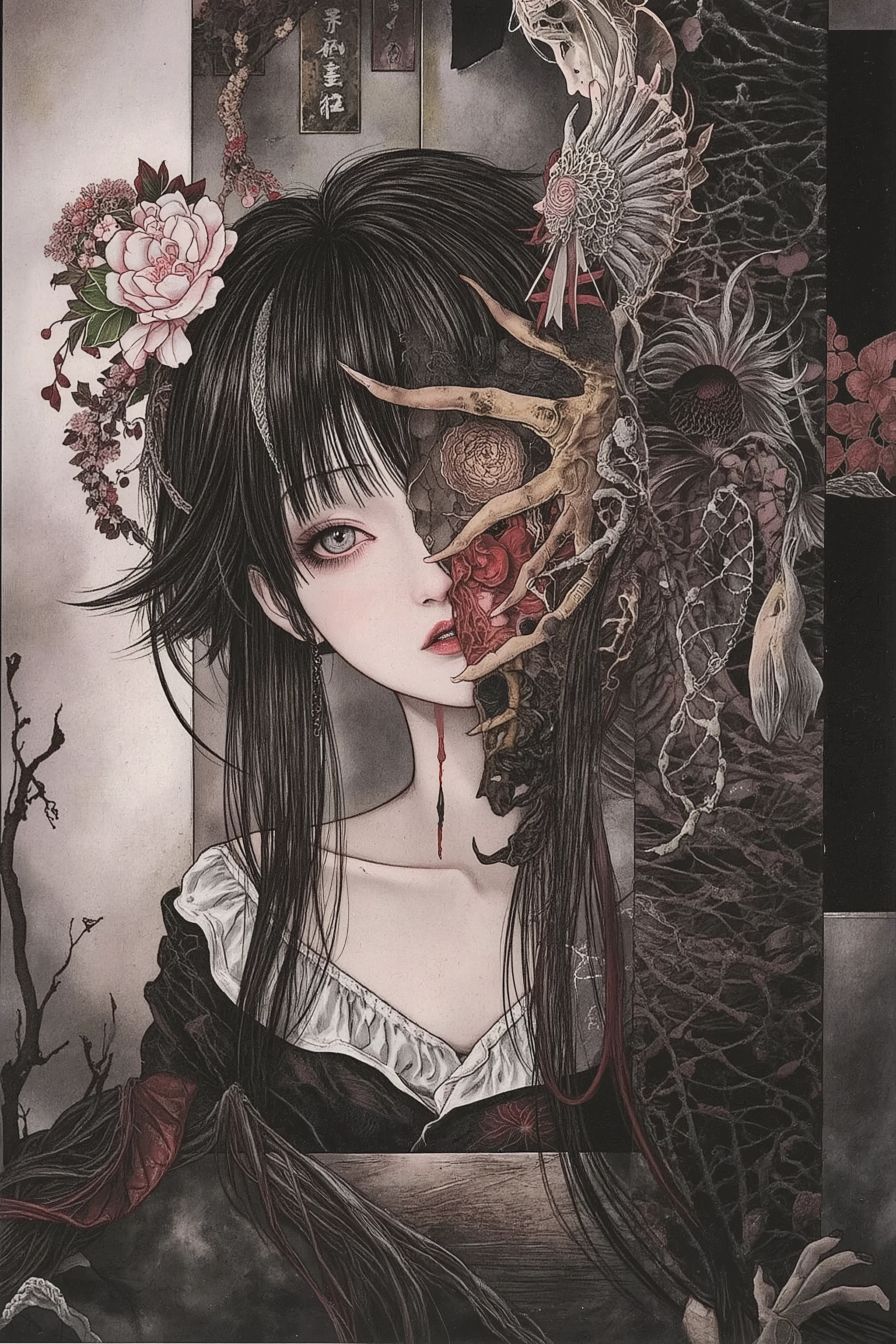 half beautiful face,half decay zombie face,grief,sadness,solitude,very messy long hair,,japanese woman,black hair,sadako,japanese horror,ghost,beautiful and scary,Look up from below,cursed,oiran,japanese old well,in old japanese,dramatic,horror,nihonga,Depressive Black,shigerusudo illustration,