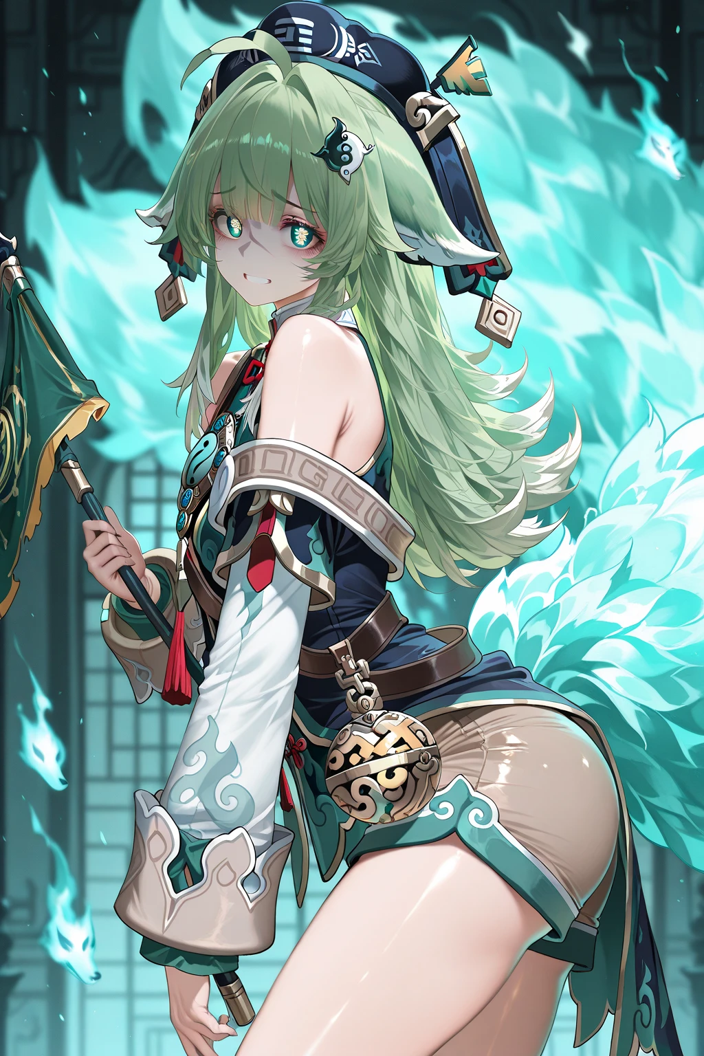 masterpiece、highest quality、1girl , solo , huge breasts、deep cleavage、light green hair、ponytail、fox ears、brightly colored eyes、blue eyes、black glasses、green kimono、light purple long hakama、brown leather jacket、leather boots、flashy necklace、charm、Wet、face turns red, very sweaty, dynamic pose、standing