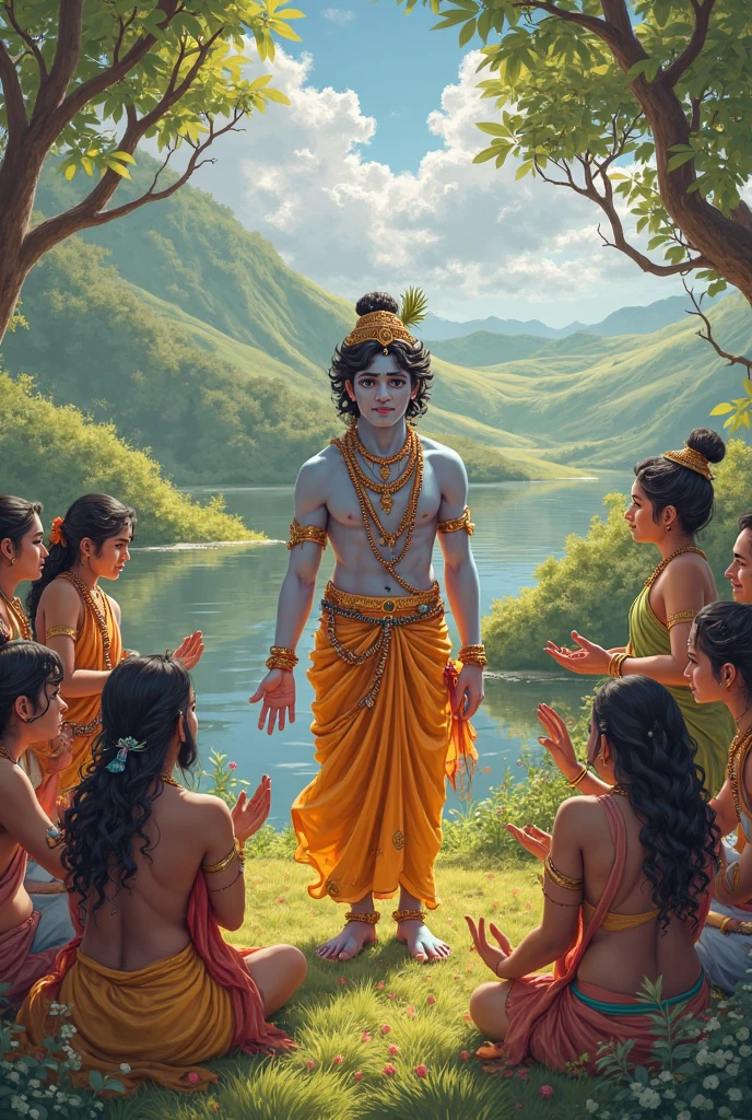 Lord krishna as charming young with full pure Black tone sitting on rock casually as common man with hus friends with chitchats in a red sky evening with laughing with out any ornaments in riverbank 
