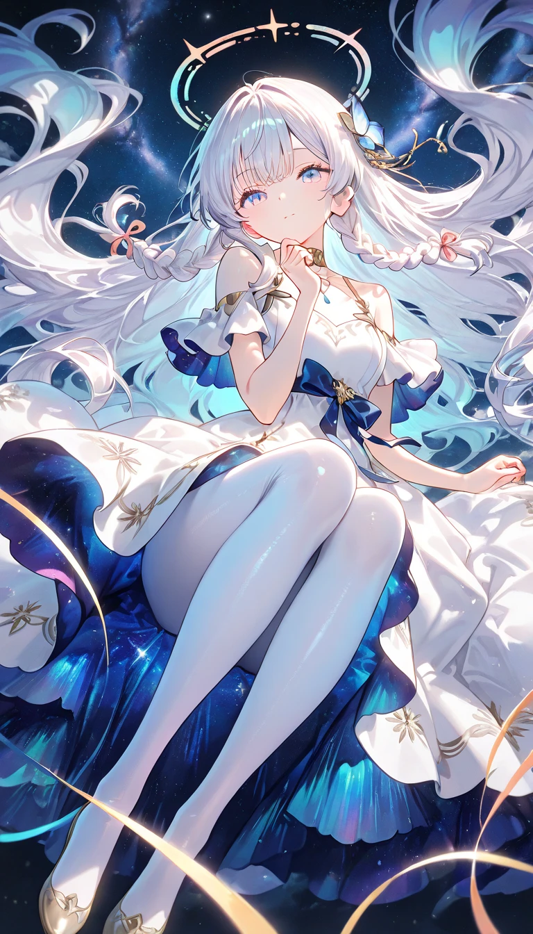 (down view),Dynamic Angle,Ultra-detailed, illustration, Close-up, straight on, 1girll, (fantasy:1.4), (azureblueeyes:1.233),Her eyes shone like dreamy stars,(Glowing eyes:1.233),(Beautiful and detailed eyes:1.1),(Silver hair:1.14),(Messy hair,Very long hair,french braid,hair between eye,side locks), (+(bule hair flower:1.14)),(Chiffon dress,bule flower pattern in uniform)/=(army suit:1.24),(Detached sleeves,Wide sleeves),(Fingerless gloves),choker necklace,(miko thighhighs),high heels boots,(Expressionless,Closed mouth),(standing), (Classical Princess Boudoir，Dressing tables and floor-to-ceiling windows in a white old palace),(White flowers,full bloom),(abyssal),(Flowing water),(a dull blue world tree:1.14),(废墟),(Night:1.2),Dreamy,soul,(Fluorescence),(flying translucent blue butterflies:1.15), [[Delicate fingers and hands:0.55]::0.85],(Detail fingers),(yubao:0.5),pregnant belly，Pregnant belly