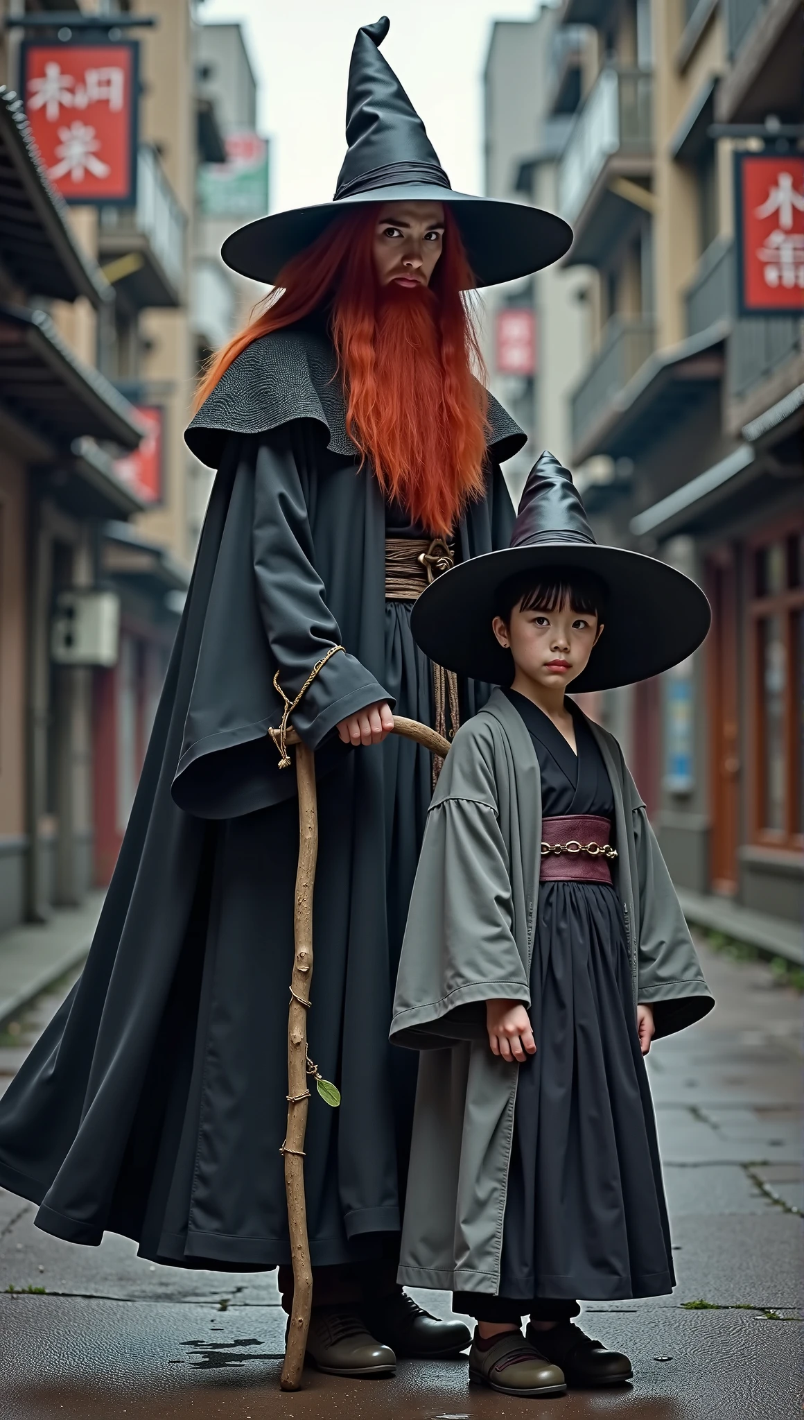 A red-haired wizard and a Japanese witch, a child of about 12 years old, she wears a gray and black witch&#39;s robe mixed with a kimono and a black pointed witch&#39;s hat. , they are in a post apocalyptic city.