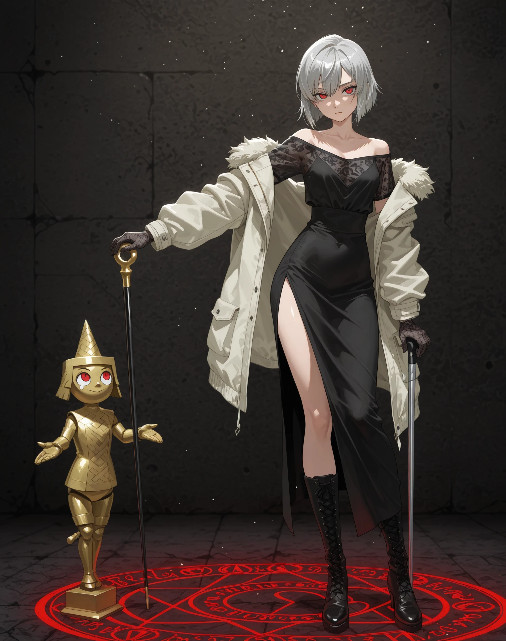 ((full body, standing):1.5), {((1 woman))}, {((all black mechanical ninja suit with extremely short and tight gold bands around the body)), ((extremely large breasts)), ((green hair, very short mohawk, blue eyes)) looking at the viewer, smiling, very happy, ((striking an erotic pose)), ((on a fighting field, it's night, clouds in the sky, 1 full moon in the sky, tombstones, stone floor, blood on the floor))}, 16k, best quality, best resolution, best sharpness, ultra detailed,3DMM