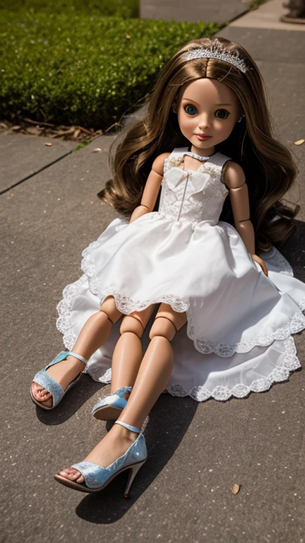 A doll sitting on a swing on a rainy day