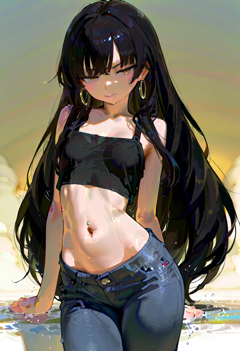 Child, straight black hair, long hair, (curtain parted bangs:1), street, full body, perky nipples, (wide hips:1.2), (camisole:1.2), blue eyes, (dark skin:1), shiny skin, standing