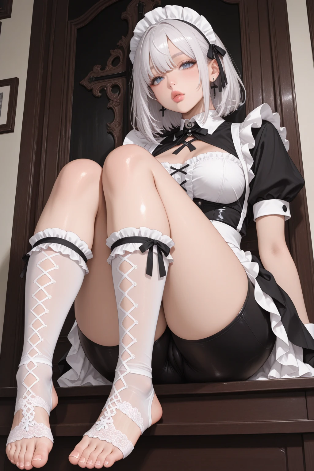 Sexy girl spreads her legs，White transparent tights，Pantyhose，Vest line，silber hair，Blood-red eyes，Looming，mid - length hair，Brace your hands on the ground，耳Nipple Ring，1 girl ,Best quality,Anatomically correct，pure white panties，Ultra-light underwear，Crop topping，Bow knot， cropped shoulders，Tong