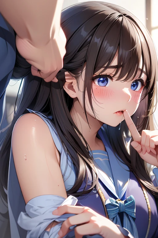 pastel colors t-shirt,off-shoulder look,bare shoulder,ollarbone,midriff peek,hot pants,open mouth,(tongue out:1.2),Kneeling,blowjob,handjob,(from above:1),side view,upper body,face focus,(1girl,14 years old,Beautiful girl,student,teenager),((Slender,Small breasts,Small face,)),(looking at viewer),Japanese,Black Hair,bangs,one side up,Beautiful and detailed anime art,(Dimly lit room:1.5),Simple black background,Mischievous smile
