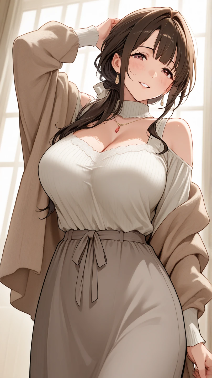 (masterpiece)), ((best quality)), (Super detailed), ((Very detailed)), 4K, (8K), best quality, (Fair),(((world class quality))), Very detailed, High resolution, (Detailed shading for a beautiful face), whole body, become a, alone, ((())), (((Breast sagging))),indoor,Smile,noble,There is a gold bracelet on the right hand,Brown wavy short hair,stockings,masterpiece, best quality, High resolution,st1,, Hoop Earrings, Black skirt,, Off-shoulder sweater, pencil skirt, clavicle, Cowboy shooting, permanent,Upper body close-up