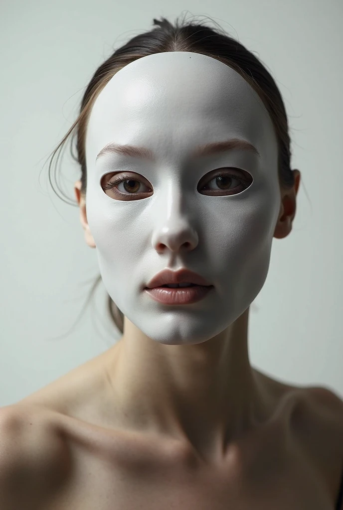 Arad woman wearing white mask on white background, White mask, woman with porcelain skin, Mask, White porcelain skin, mask off, masked face, Korean symmetrical face, some of them use gask mask, Porcelain white skin, Glowing white face, the mask covers her entire face, one single mask, porcelain white face, full-face