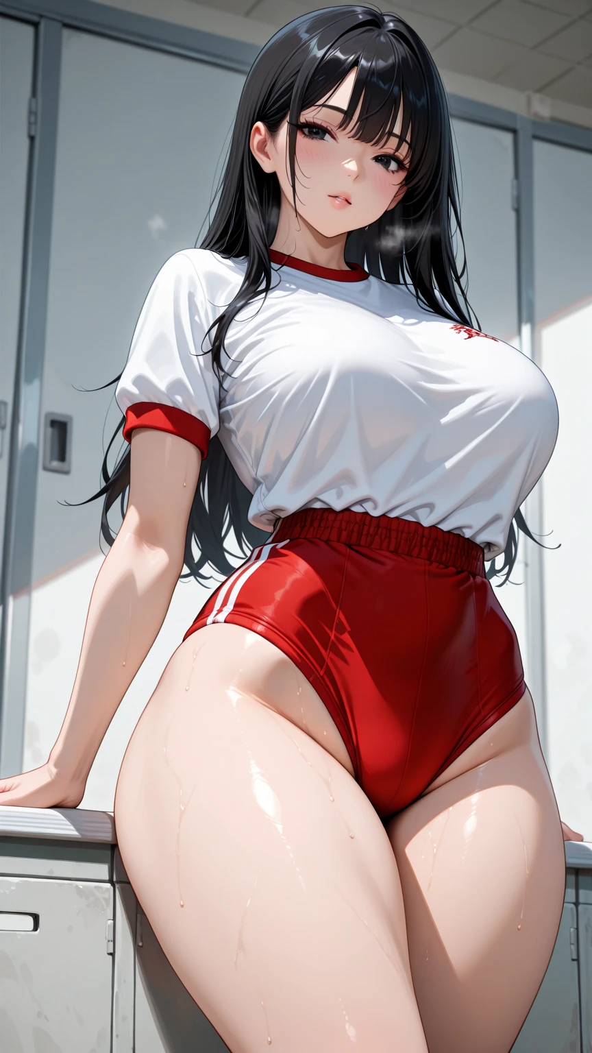 1 mature girl, beautiful face, blue eyes, red cheeks, tired face, long straight hair, black hair, long bangs, seky body, colossal , overmany, big and droopy, big titietra, wide hips, Sports uniform, sweating