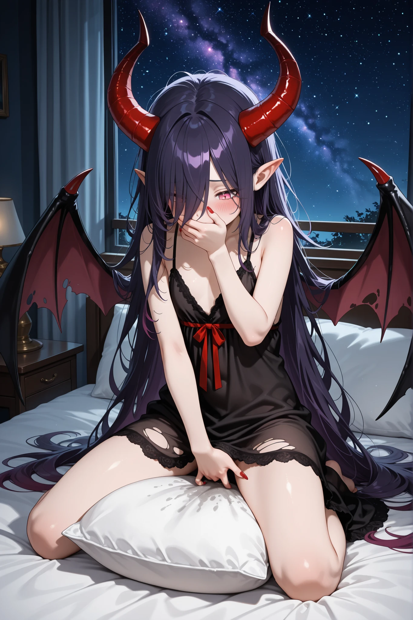 (((((Horror illustration))))), ((fantasy illustrations)), (((masuter piece))), ((dynamic ungle))、((eyes glowing red))、 ((Many monsters))), (Spirits)、(Monsters walking side by side at night)), (((Detailed background)))、(((Best Quality))), (((Best Illustration)))、 (((Best Shadow))), (((extremely delicate and beautiful)))、 (Back Light)、((Extremely delicate and beautiful)), (((a dark night)))、 ((Wind)), (Moonlight), (((Multiple Mature Female Vampires)))、 Multiple Mature Female Vampires、Multiple Mature Succubus、 with large wings like a bat,,,,,,,,,,,,,,,,,,,,,,,,,,,,,,,,,,,,,,,,,,,,,,,,,,,,,,,,,,,,,,,,,,,,,,,,,,,,,,,、(Black nails)、(long claws)、(Slender face)、 Big breasts, (((Fangs grow))), ((bleeding from the eyes,,,,,,,,,,,,,,,,,,,,,,,,,,,,,,,,,,,,,,,,,,,,,,,,,,,,,,,,,,,,,,,,,,,,,,,,,,,,,,)),red eyes、 ((((One person is lying on his back、The other is on top of it、French Kissing))))、 ((Black Long Hair)), (Shiny hair), (((Jewelry Pearl Red Eyes)))、 (finely detail)、 (((scornful eyes))),Big breasts、 (((Moonlight))), Abundant bloom, (((Four seasons fold々The beauty of)))、 (dead wood)、(Withered flowers})、seductiv、Mature Multiple Female Vampires、、、、、、、、、She wears black transparent suspender stockings and black high heels。Femme and move、((((Sexually provocative gaze、Entice your audience、Look at your audience with contempt))))。sexy lip。offcial art。8K Wallpaper Multiple Mature Female Vampires、the kiss、cuddling、hand on the breasts、fine panties、Beautiful exposure 、pointed Nipple、beutiful breast、二重まぶた、Sexy body、Full chest、Moisturized skin、((((BDSM、toppless))))、Strapless、Pose Seductive、a bed、Slender Leg、open one's legs、thin-waist、lie on one's side