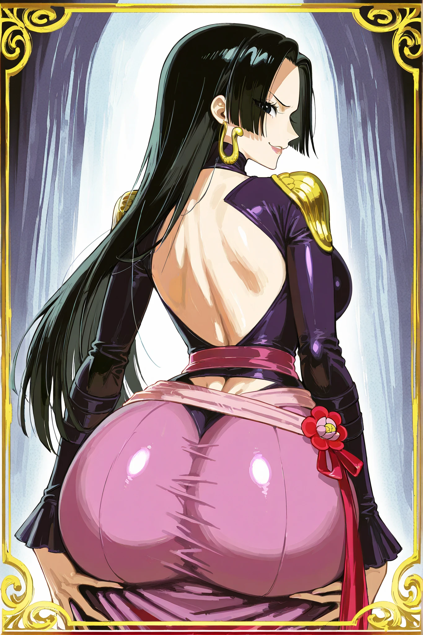 Portray Boa Hancock, a character from One Piece, with her striking features and captivating personality. She has long, flowing black hair that cascades down her back, glossy and elegant, often adorned with a subtle red flower on the side, complementing her regal demeanor. Her eyes are sharp and piercing, a deep blue that exudes both confidence and vulnerability, framed by long lashes that enhance her title as the most beautiful woman in the world. Her facial expression should reflect her haughty yet complex nature, with a slight, condescending smirk that softens into a rare, tender gaze when her guard is down. purple látex body, gold accents emphasizing her status as an empress, , fluttering lightly to suggest her commanding presence. , coiled nearby, and her hands rest confidently on her hips, hinting at her mastery of the Mero Mero no Mi’s petrifying power. The atmosphere of the scene should capture her duality of arrogance and hidden warmth, with dramatic lighting that casts soft shadows around her, highlighting her alluring yet intimidating aura|,(Back flip showing the back)