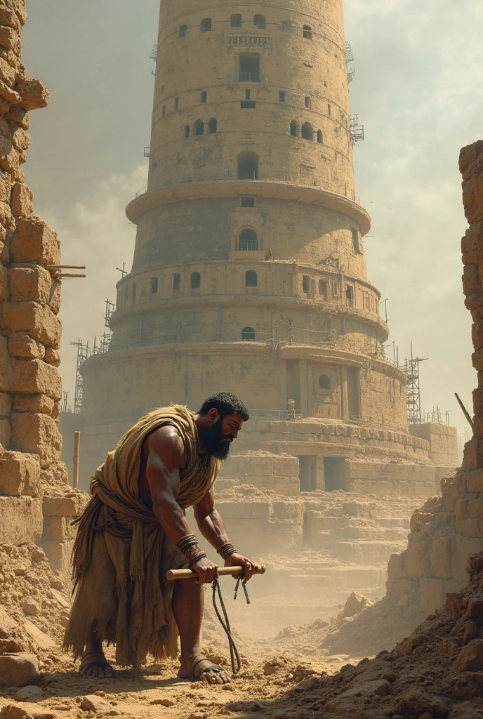A scene from ancient times where a male slave is walking with a very large burden on his back. He is wearing dirty, torn clothes. From behind, a master is whipping him. The surroundings show the construction of a grand palace, with other slaves working on building the structure. The atmosphere is gritty and oppressive, capturing the harsh realities of slavery during that era. The architecture of the palace under construction is grand and imposing, with stone blocks and scaffolding visible. 4.k 8.k image