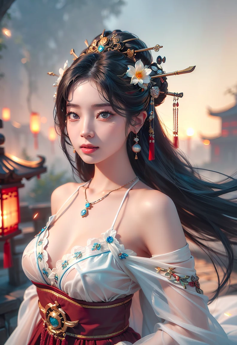 A detailed Chinese ink painting style depiction of a beautiful girl with long flowing hair. She is smiling and her hair is floating around her like flower petals. She is wearing an open top with no bra, and her skin is visible through the fabric. She is inside a chinese temple. (extremely detailed CG unity 8k wallpaper, best quality, masterpiece)