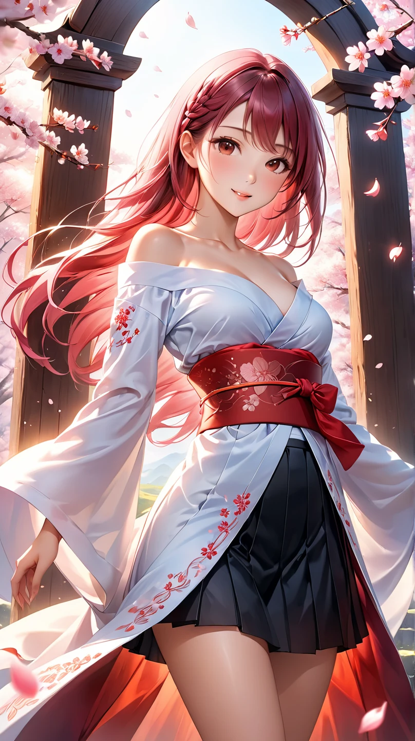 (highest quality)), ((masterpiece)), (Familiar), Perfect Face,Shiny skin,Beautiful breasts,how,Shiny skin、Kyoto Animation style painting、、Dark pink hair、Sunburned skin、Braided Hair、night、bike、Holding a Japanese sword、ruins、Combat Stance、Miko costume、Lock the curtains
