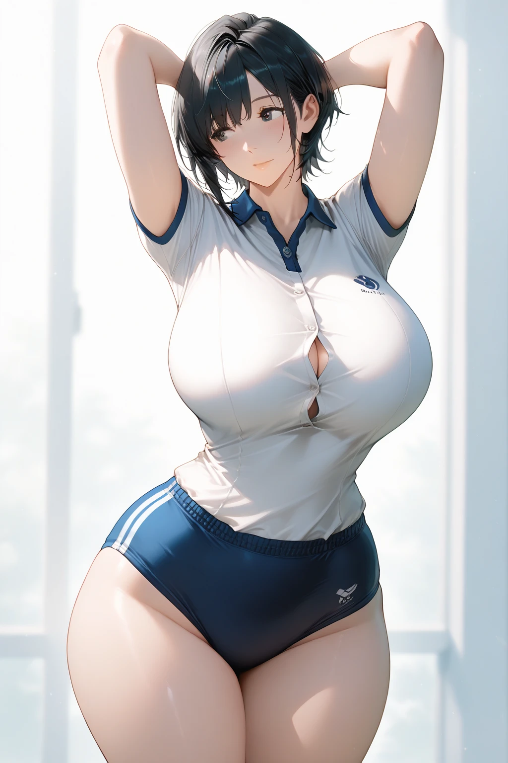 1girl, solo, white polo shirt, white sneakers, tennis wear, white miniskirt, masterpiece, best quality, realistic, hyper-detailed, (shiny skin, sweaty:1.4), absurd, looking at viewer, short black hair, brown eyes, slender, dynamic lighting, high resolution, sharp focus, depth of field, detailed eyes, sharp pupils, realistic pupils, (gigantic breast), (thick thighs:1.0), outdoor, sky