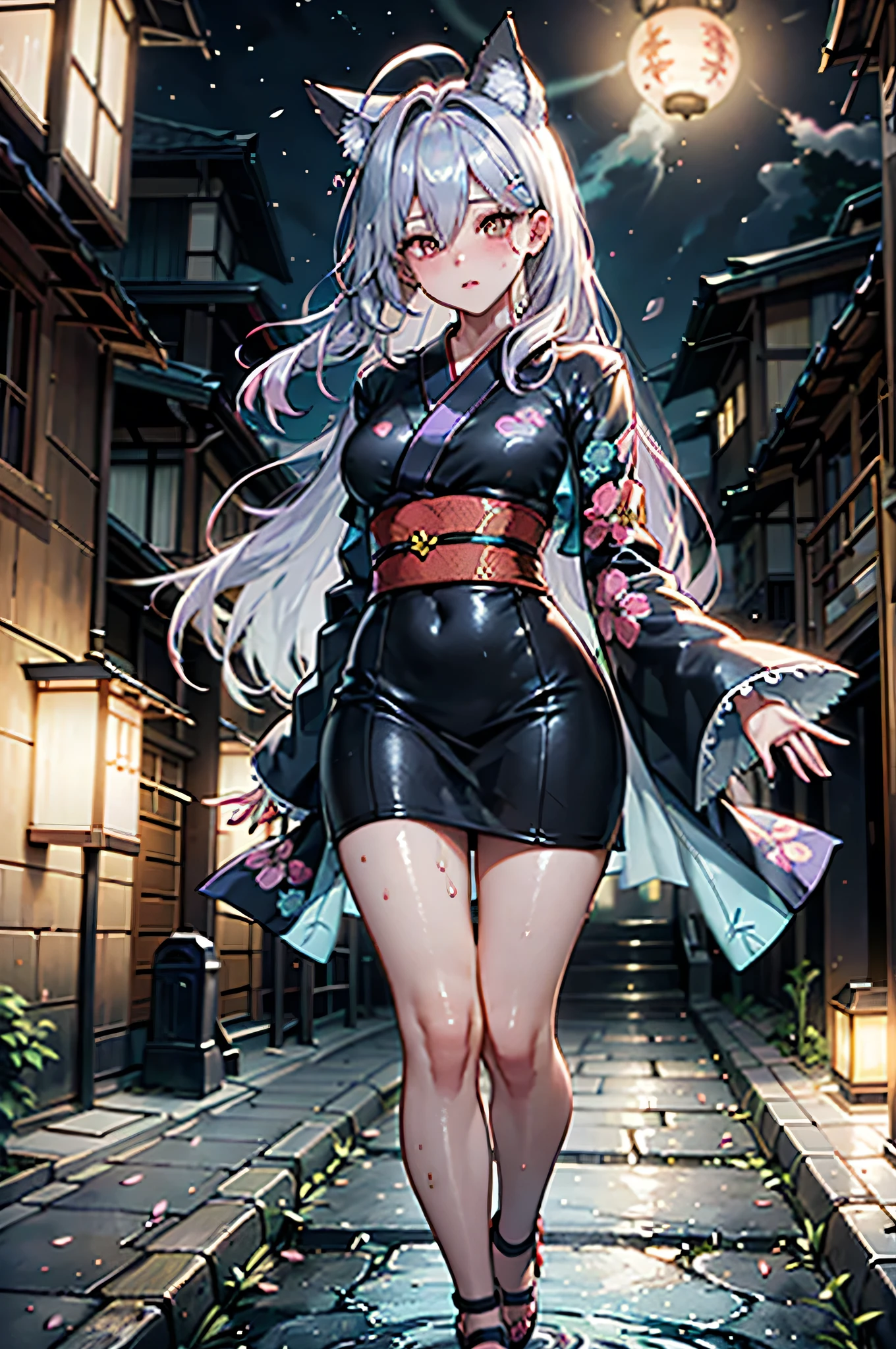 A breathtakingly stunning Japanese urban legend girl, depicted with hyper-realistic details, standing in a shadowy, moonlit alleyway in a serene yet haunting setting. Her long, jet-black hair flows gracefully down to her waist, appearing almost alive as it sways subtly in the cool evening breeze. Delicate cherry blossom petals are scattered through her hair, glowing faintly with an otherworldly luminescence. Her captivating almond-shaped eyes shine with an enigmatic mix of innocence and hidden power, their amber hue reflecting the faint glimmer of distant lanterns.
Her attire is an exquisite fusion of tradition and mystique: a kimono crafted from delicate silk, adorned with intricate patterns of cranes, koi fish, and blooming chrysanthemums, blending pastel tones of lavender, sky blue, and blush pink, interwoven with shimmering threads of silver and gold. The sleeves of her kimono ripple gently as if touched by an unseen force, and her obi is tied perfectly with an ornate knot, featuring a tiny charm in the shape of a fox mask.
The alleyway around her is both intimate and foreboding, with traditional Japanese architecture framing the scene—wooden sliding doors, tiled rooftops, and faintly glowing paper lanterns casting warm, diffused light. A faint mist swirls at her feet, and the cobblestone path beneath her is wet from an earlier rain, reflecting the shimmering glow of the moonlight. The air carries a hint of mystery, with small, ethereal orbs of light (will-o’-the-wisps) drifting in the background, adding to the surreal ambiance.
Rendered in ultra-high-definition (8k resolution), with every detail meticulously crafted—from the texture of the silk kimono to the subtle pores of her flawless, porcelain-like skin. The lighting is a masterful interplay of moonlight and lantern glow, creating a perfect balance of softness and shadow, accentuating her ethereal beauty while maintaining a sense of enigma. The scene is imbued with an atmosphere that is equal parts allur