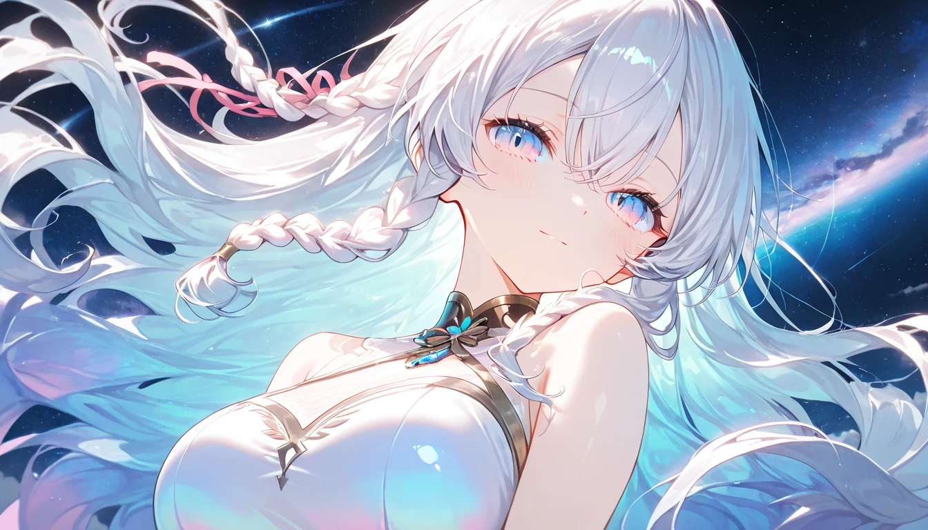 ((masterpiece,hight resolution,8K picture quality,top-quality)),1girl in,((extra detailed face)),femele,Delicate eyes,((Yellow eyes)),((hairstyle on:Wavy semi-long,White and silver hair,Hair that hits the light is green)),lensflare,Dramatic makeup,Bikini swimwear,Smile elegantly,Natural complexion,Summer cheerfulness,Reflective water surface,Lie face down on the beach,large full breasts,rest on your elbows and smile,sun light,The Bright Sun,((The sparkle of water,White sandy beach,Plumeria blooms)),
