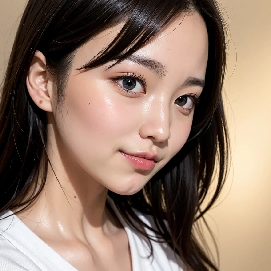 (highest quality,Super detailed,Physically Based Rendering:1.2), Realistic,Portraiture,Beautiful young woman with long wavy hair and captivating eyes,Delicate facial features,Soft lighting, Vibrant colors, ((Playfully licking fingers with tongue, Gently placing a finger in the mouth)),Subtle expressions of joy and anticipation,Romantic atmosphere, (Close-up shot of sensual lips),Cheeks turn slightly red,Sensual and sophisticated,A gentle and captivating gaze. centered, Studio gray background .