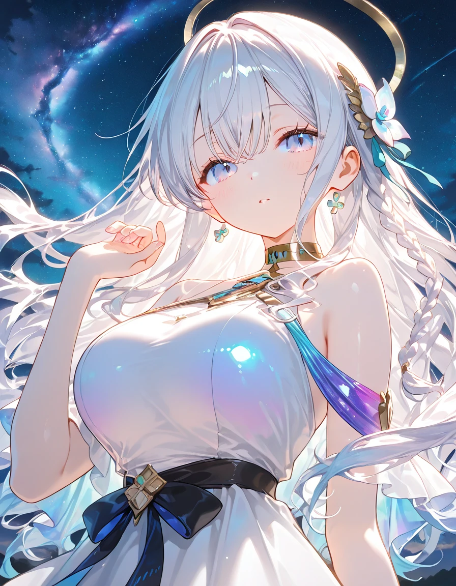 (masterpiece:1.3), (best quality:1.1), (8k, ultra detailed, ultra high res:1.2), ((anime style)), perfect 5 fingers, perfect anatomy,
1girl,
medium breasts,
BREAK long hair, wavy hair,
white hair,
red eyes,
BREAK evening dress, white, Sequin, (solid:1.5),
looking at viewer,
BREAK cowboy shot, BREAK (detailed background:1.1), outdoor, aurora, at night, Starry Night Sky with Shooting Stars,