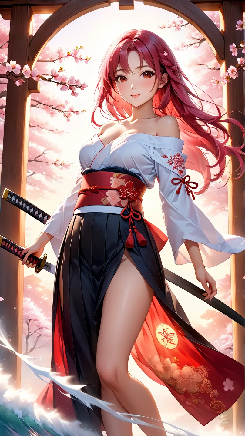((Cyberpunk woman in action with a samurai sword)), ((a costume with a cherry blossom petal motif)), ((highly exposed costume)), ((colorful samurai sword)), ((long multicolored hair)), ((background is otherworldly)), blue eyes, smile, glitter, artistic, nffsw, retina, masterpiece, accurate, super detailed, high detail, high quality, award winning, Highest Quality, High Definition, 1080p, Hard Disk, 4K, 8K, 16K